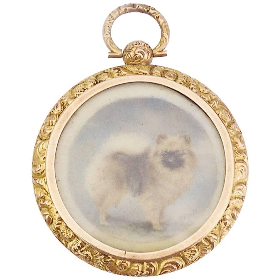 Gold Victorian Painted Pomeranian Dog Miniature Locket Pendant Signed T. Fall