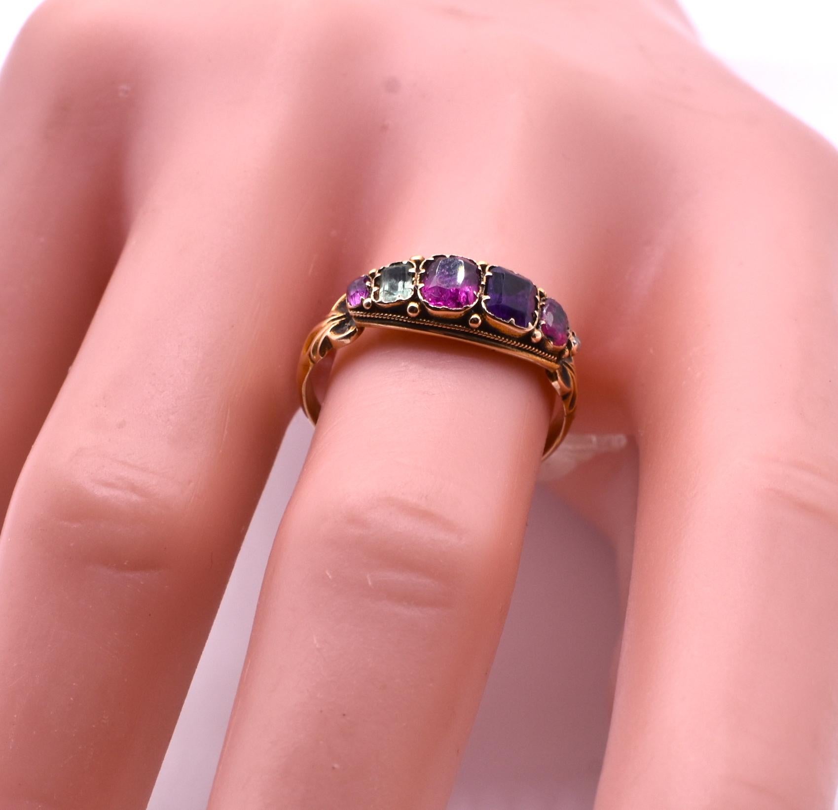 The Victorian Regard ring is a romantic  acrostic ring set with six gemstones in which the initial letter of each spells the word 'Regard': Ruby, Emerald, Garnet, Amethyst, Ruby, and Diamond. Our hard to find ring is 15k and hallmarked Birmingham