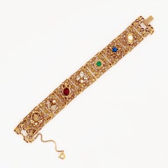 Gold Victorian Revival Filigree Bracelet With Whimsical Theme By Goldette, 1960s