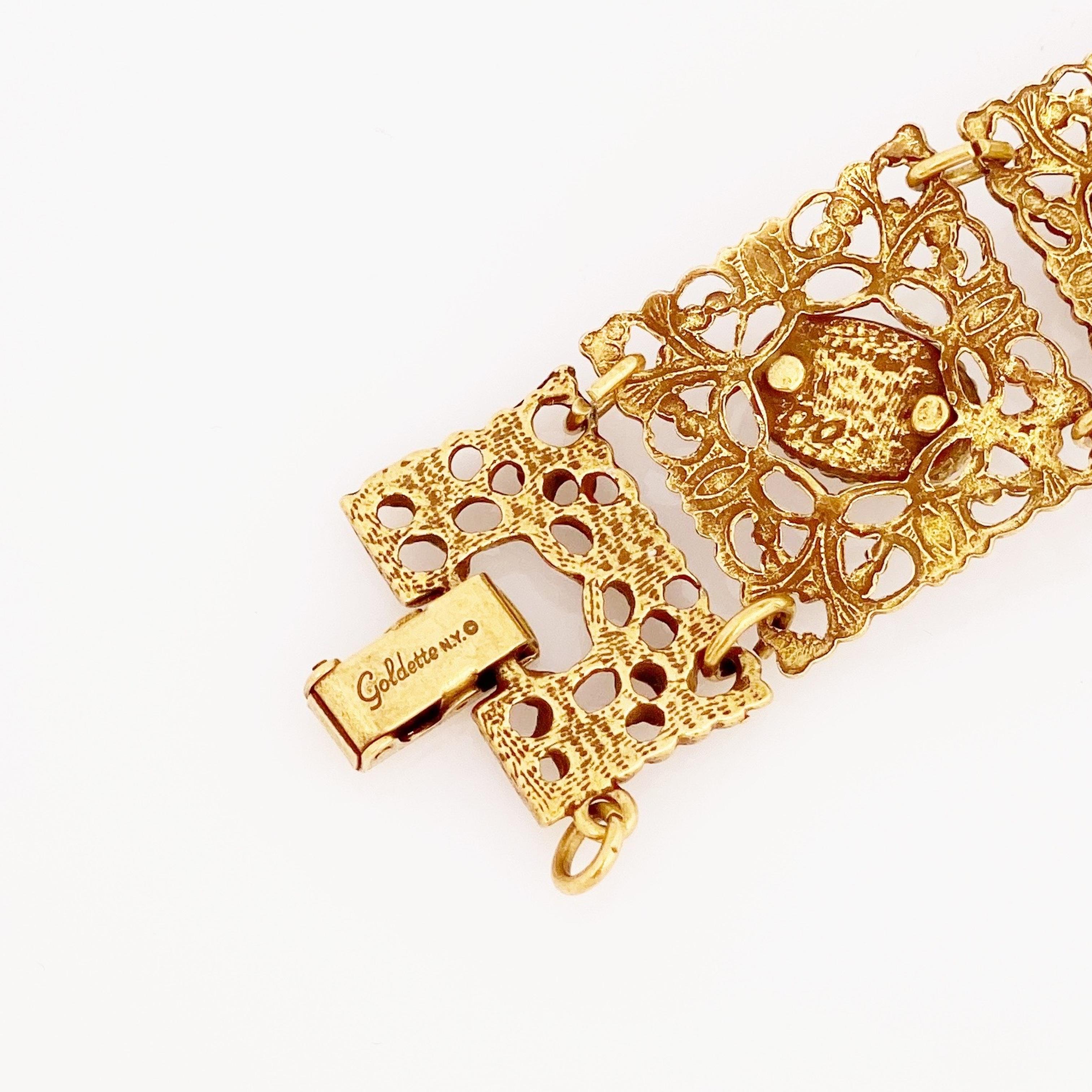 Gold Victorian Revival Filigree Bracelet With Whimsical Theme By Goldette, 1960s In Good Condition In McKinney, TX