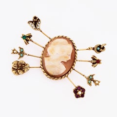 Gold Victorian Revival Stick Pin Shell Cameo Brooch By Goldette, 1960s