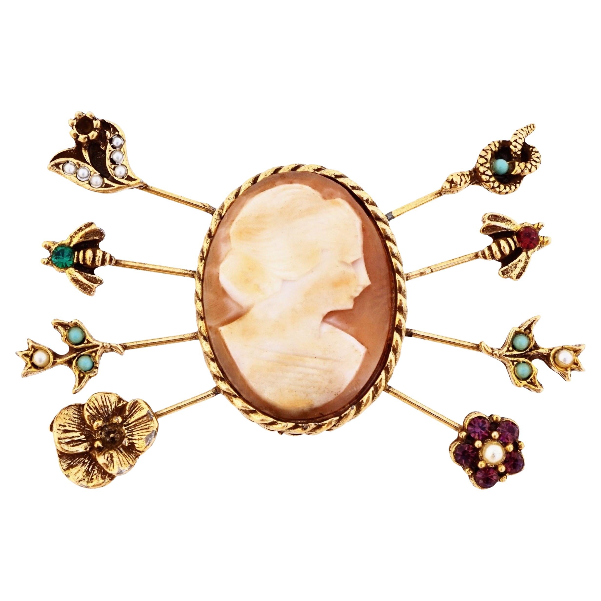 Gold Victorian Revival Stick Pin Shell Cameo Brooch By Goldette, 1960s