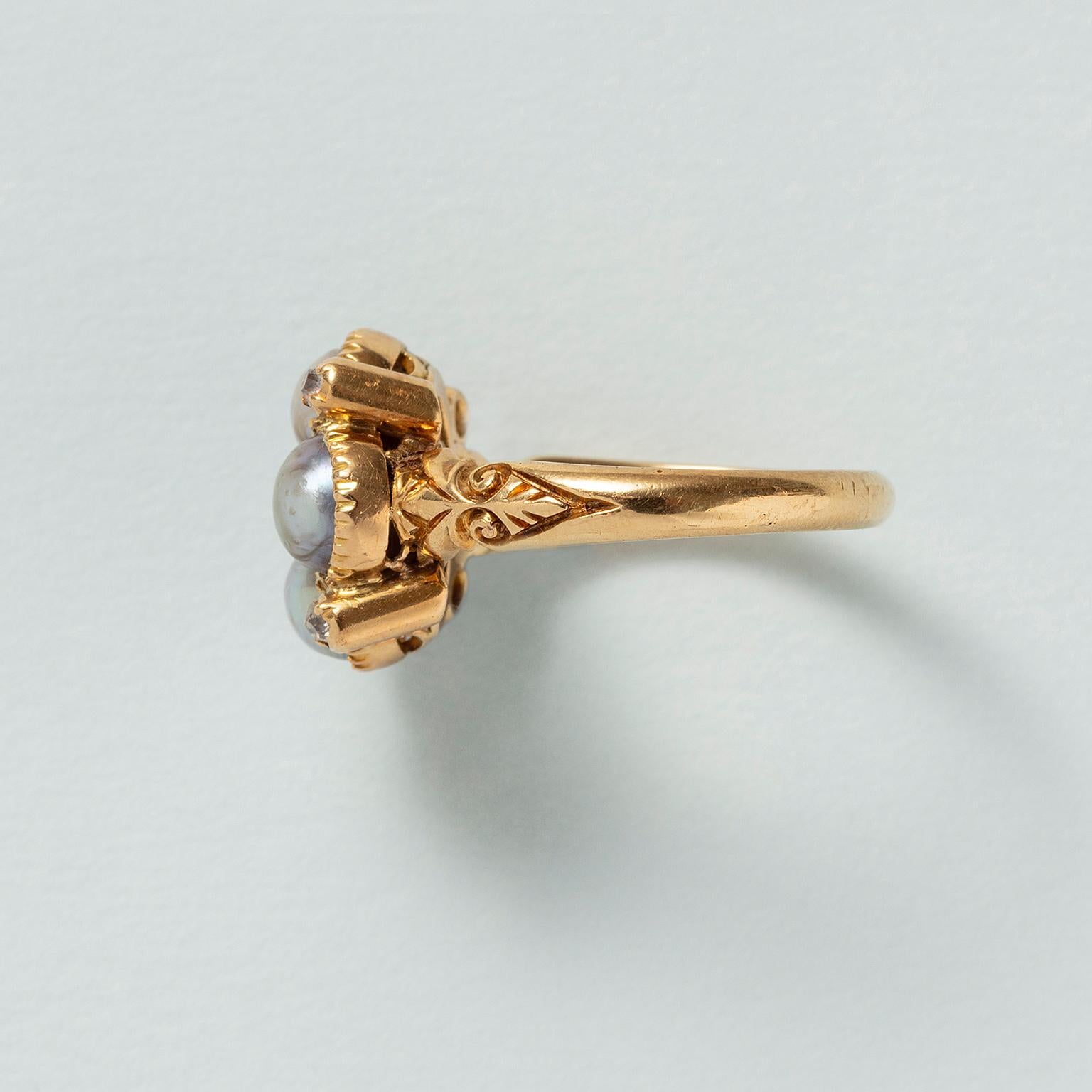 Women's or Men's Gold Victorian Ring with Pearls and Diamonds For Sale