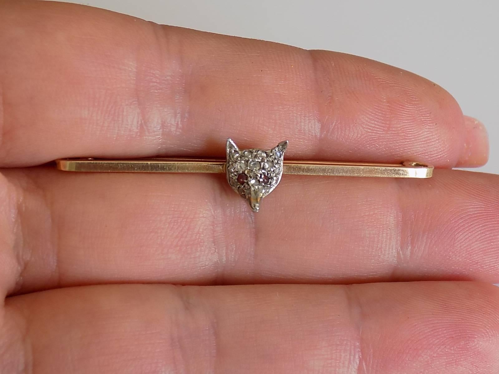 Gold Victorian Rose Cut Diamond Fox Head Bar Brooch 2