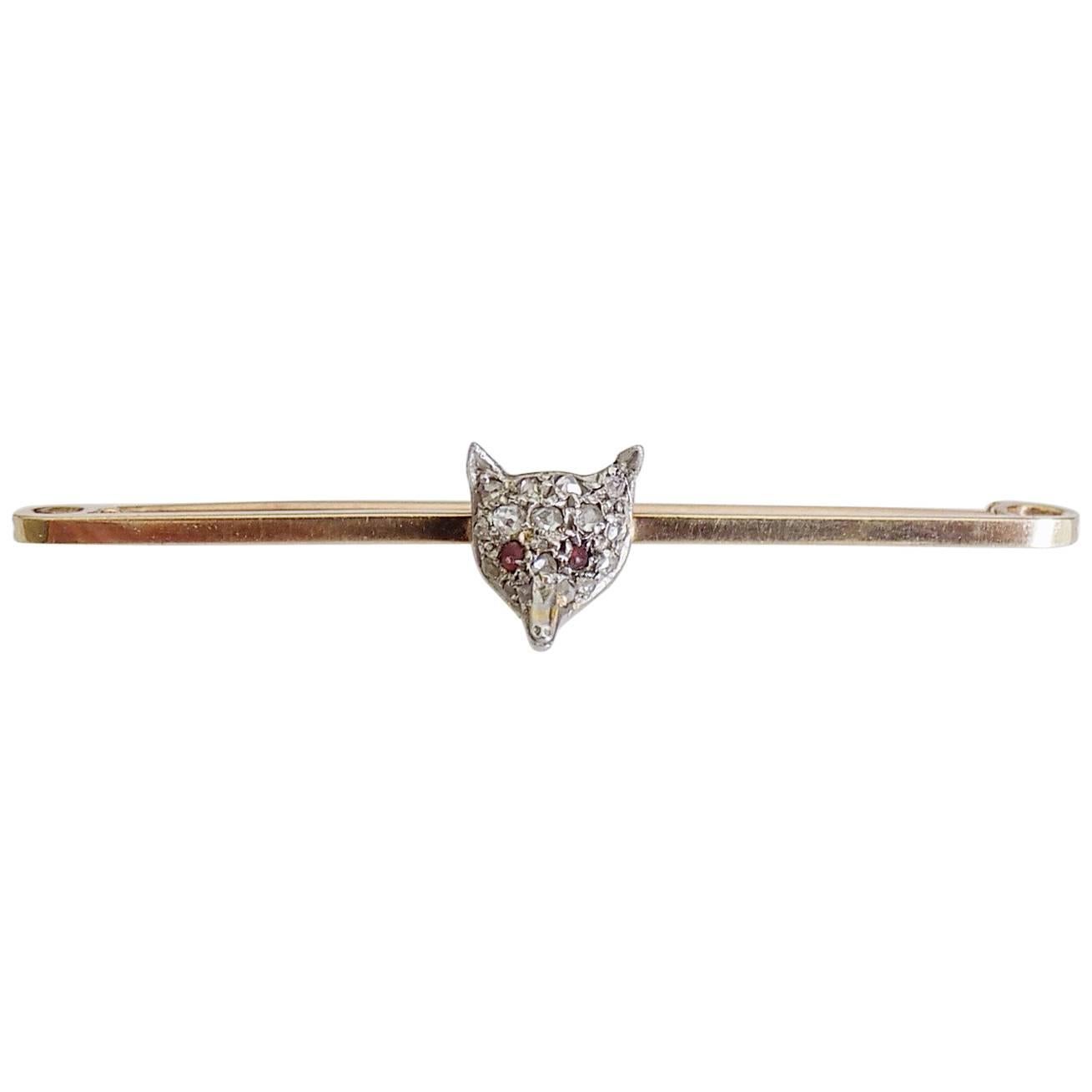 Gold Victorian Rose Cut Diamond Fox Head Bar Brooch