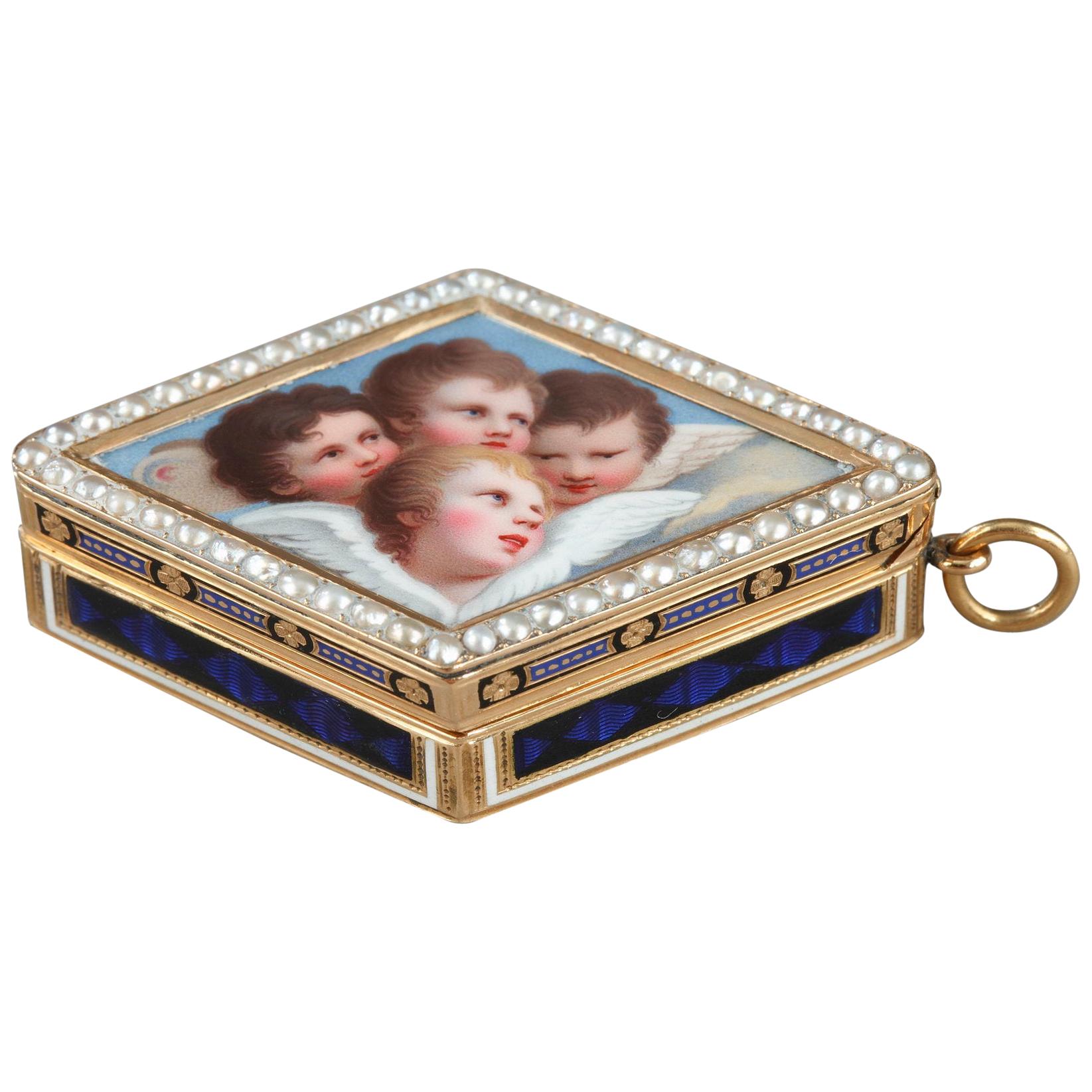 Vinaigrette en or avec perles et émail, oeuvre suisse de la fin du XVIIIe siècle en vente