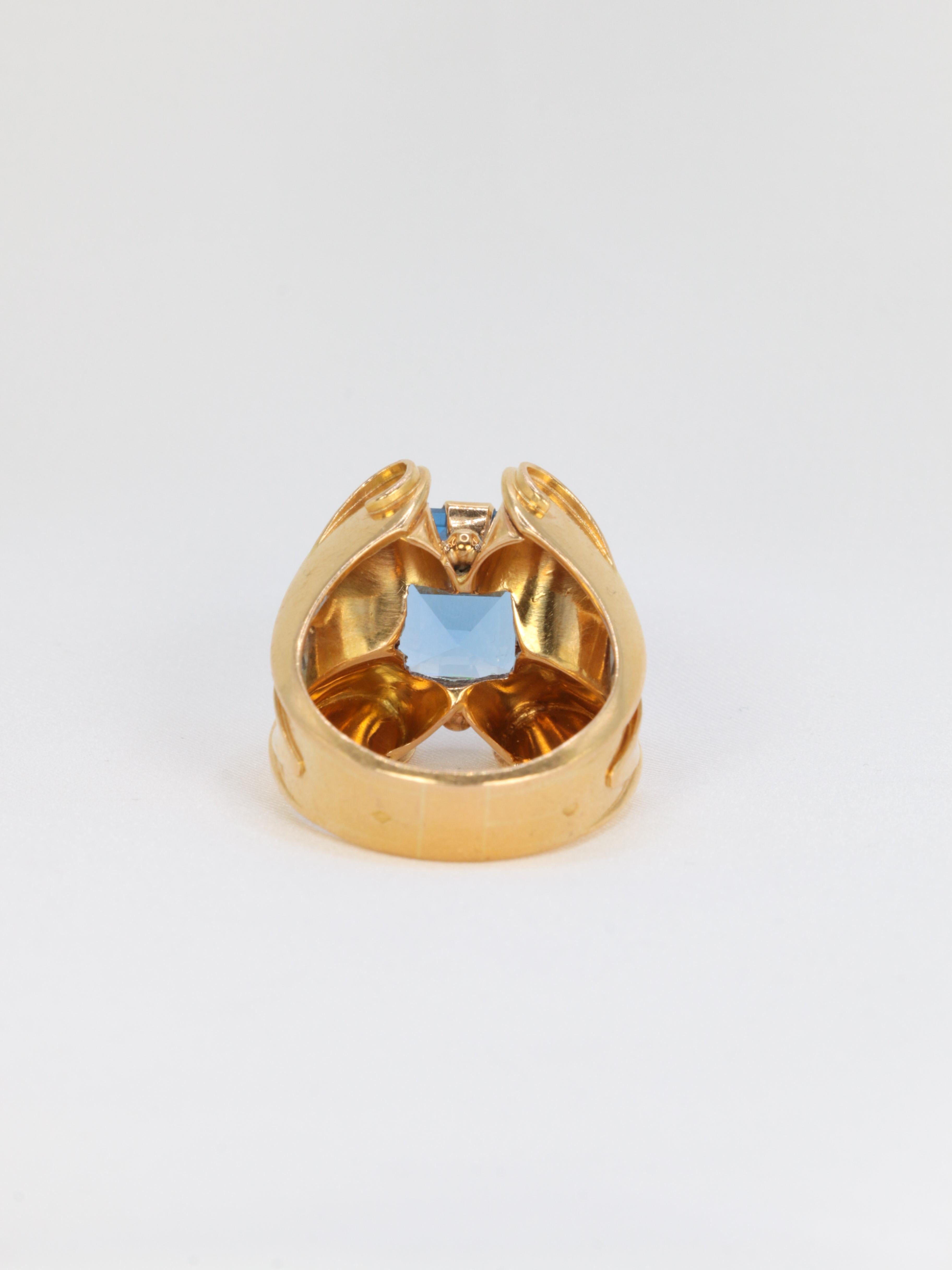 Emerald Cut Gold Vintage Cocktail Ring Set with a Blue Stone