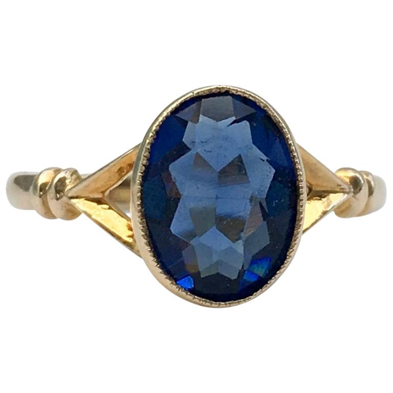 Gold Vintage Jewelry Blue Glass Synthetic Gemstone Paste Ring 1920s Dainty For Sale