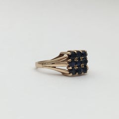 Gold Vintage Jewelry Sapphire Gemstone Square Cluster Ring 1970s Dark Blue