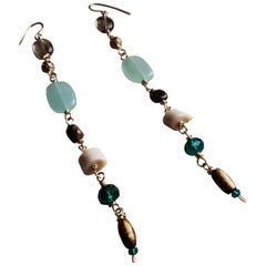 Gold Vintage Multi-Gemstone Emerald, Mint Chalcedony, Coral Dangle Earrings