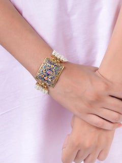 Pulsera Navratan vintage de oro con diamantes y perlas