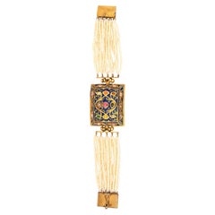 Pulsera Navratan vintage de oro con diamantes y perlas