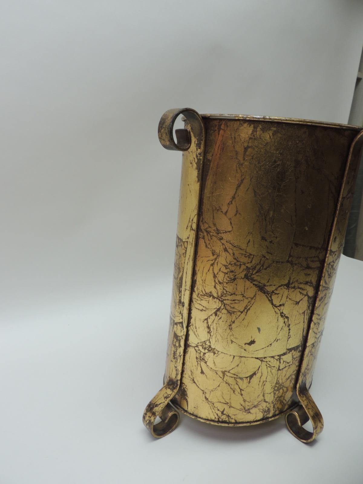 Metal gold leaf vintage waste basket/garbage can with turned iron details.
Size: 10 x 12 x 14H