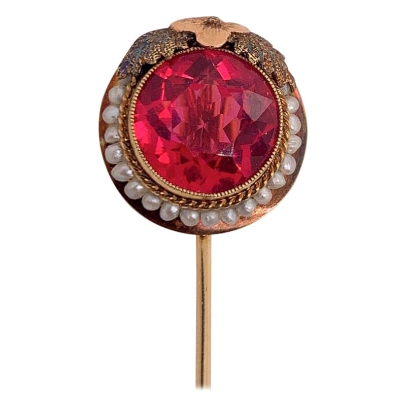 Gold Vintage Pin Brooche Round Red Stone Seed Pearl, circa 1960 For Sale