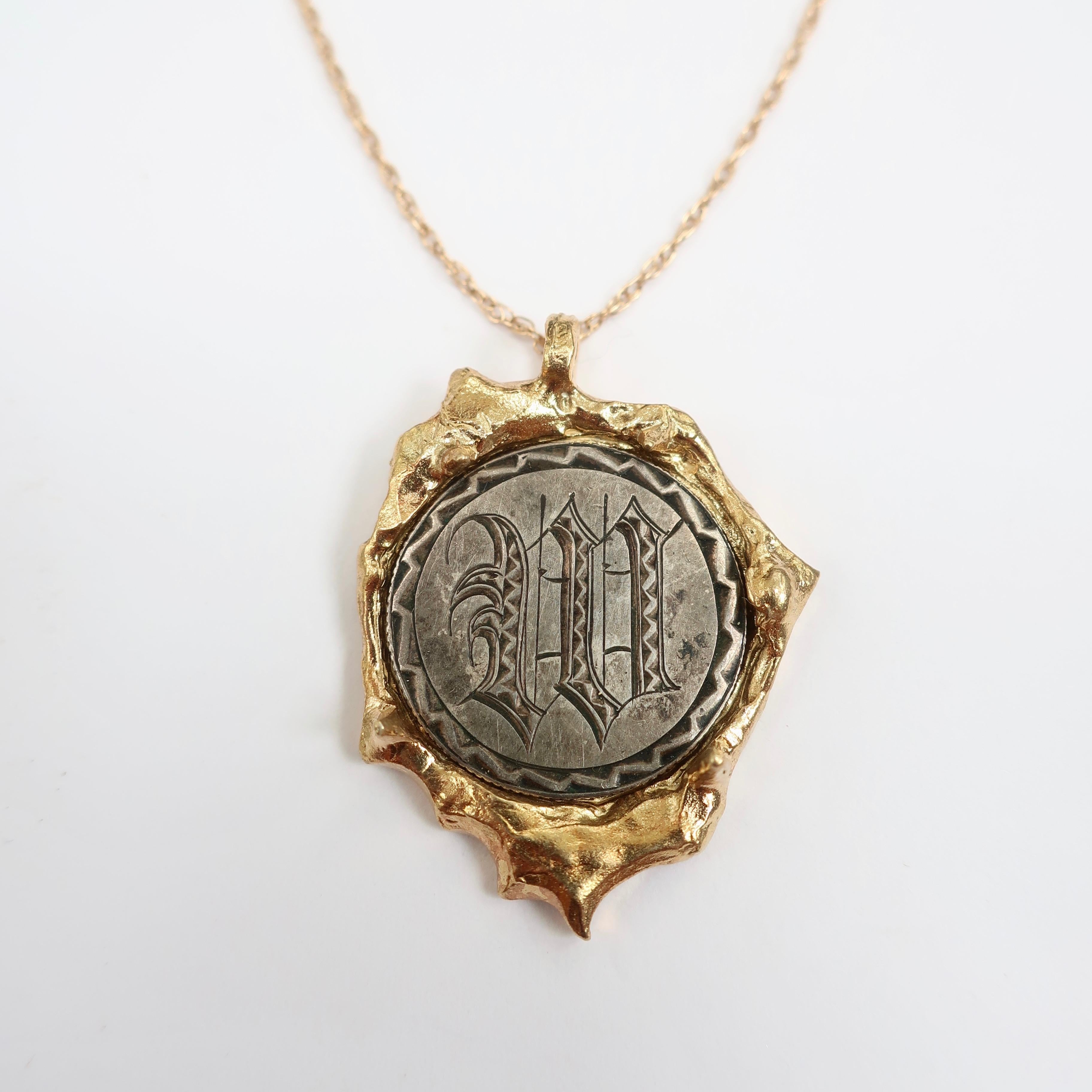 Written for love ones at the turn of the century- love tokens were typically engraved on dimes or nickels and given to either a lover, parent or friend. This is set in 14 karat gold on a 20 gold chain. 