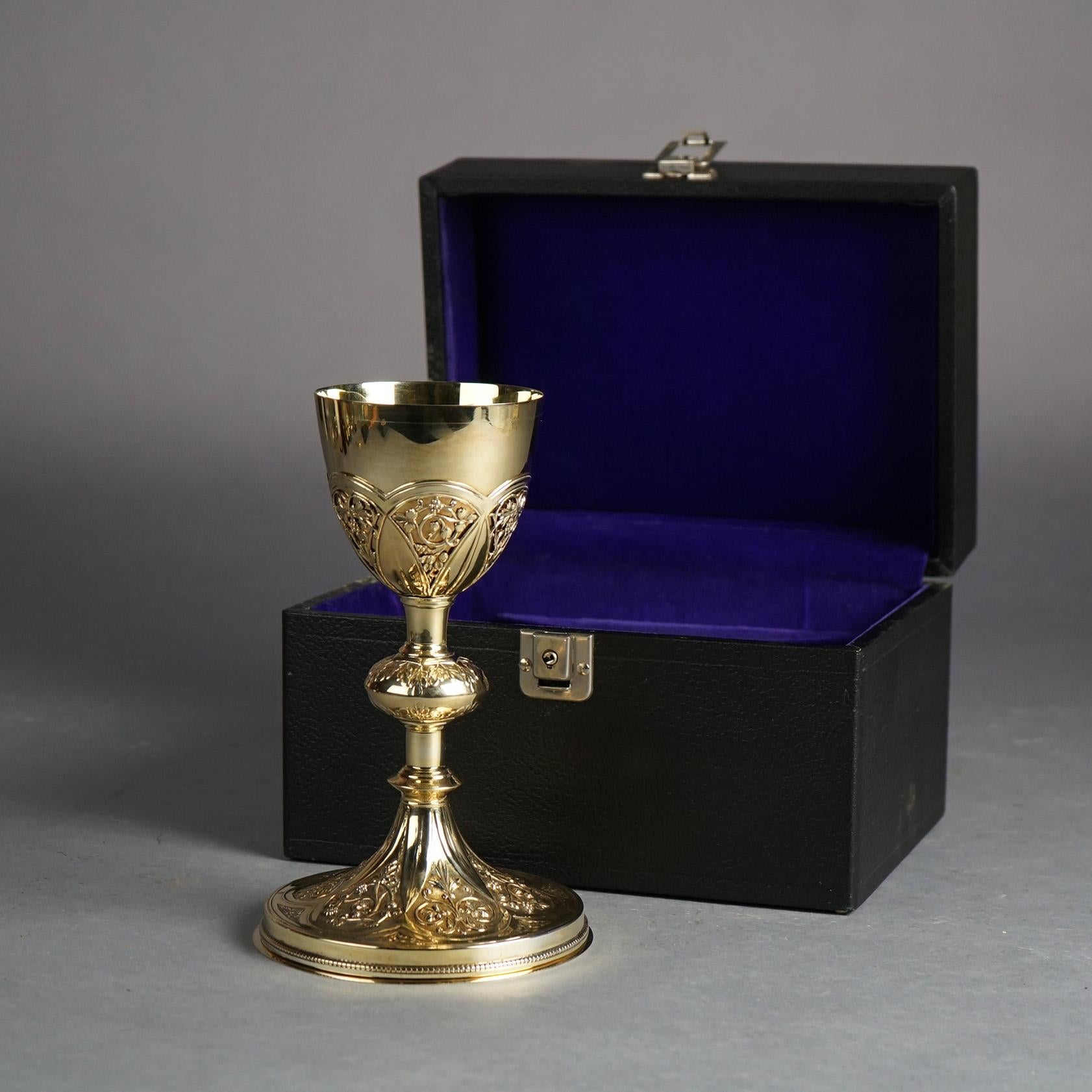 20th Century Gold Wash Floral Engraved Silver Religious Offering Chalice with Hallmark & Case For Sale