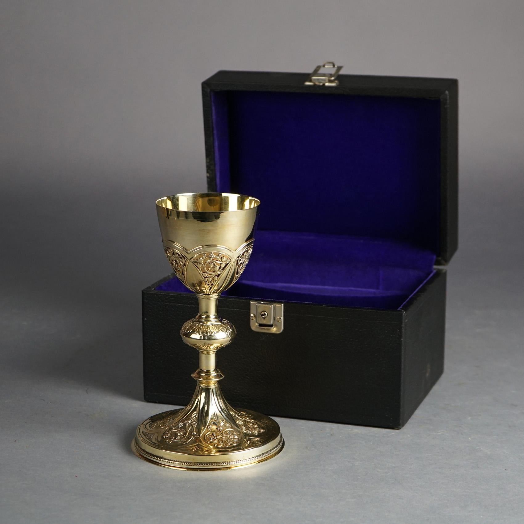 Gold Wash Floral Engraved Silver Religious Offering Chalice with Hallmark & Case For Sale 1