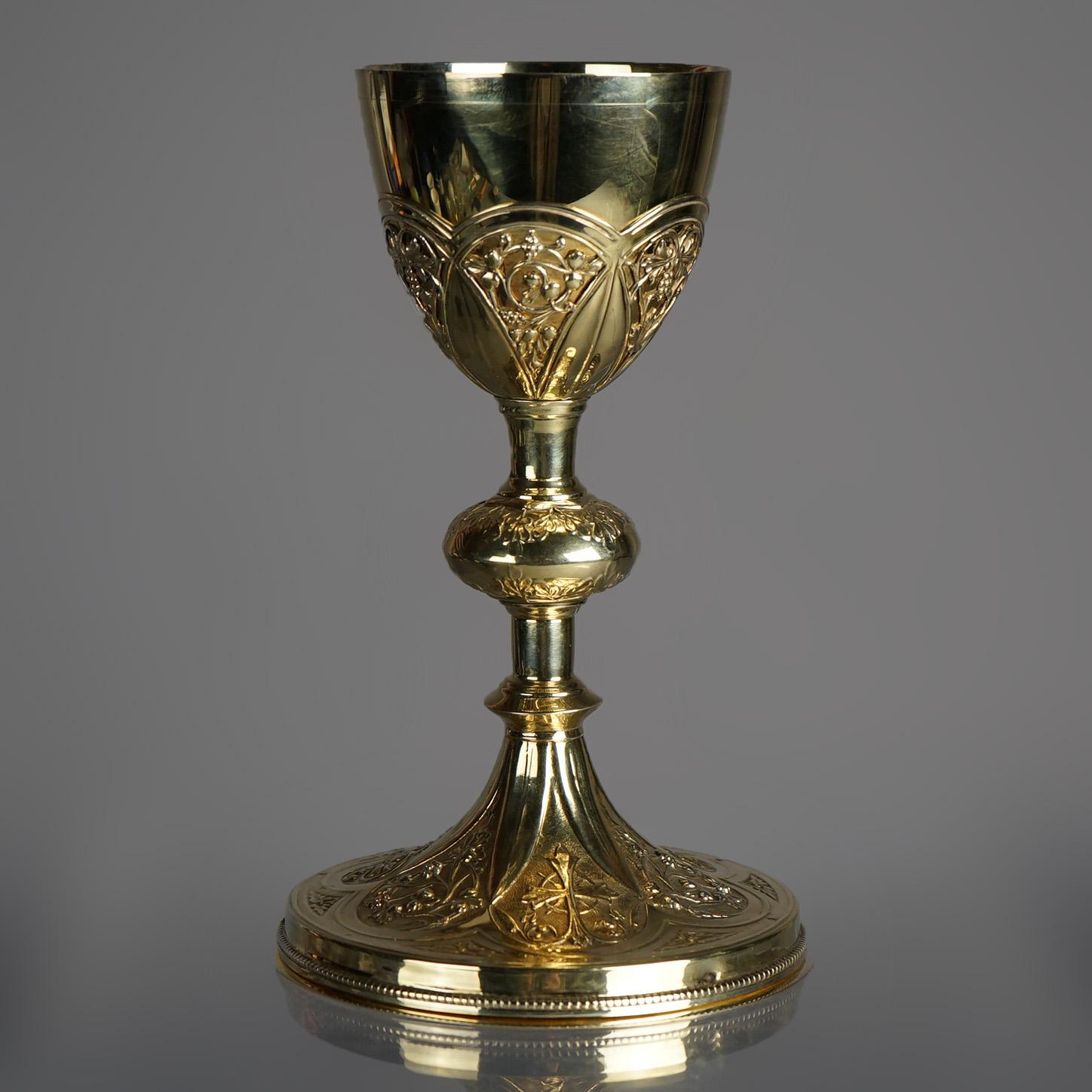 Gold Wash Floral Engraved Silver Religious Offering Chalice with Hallmark & Case For Sale 2