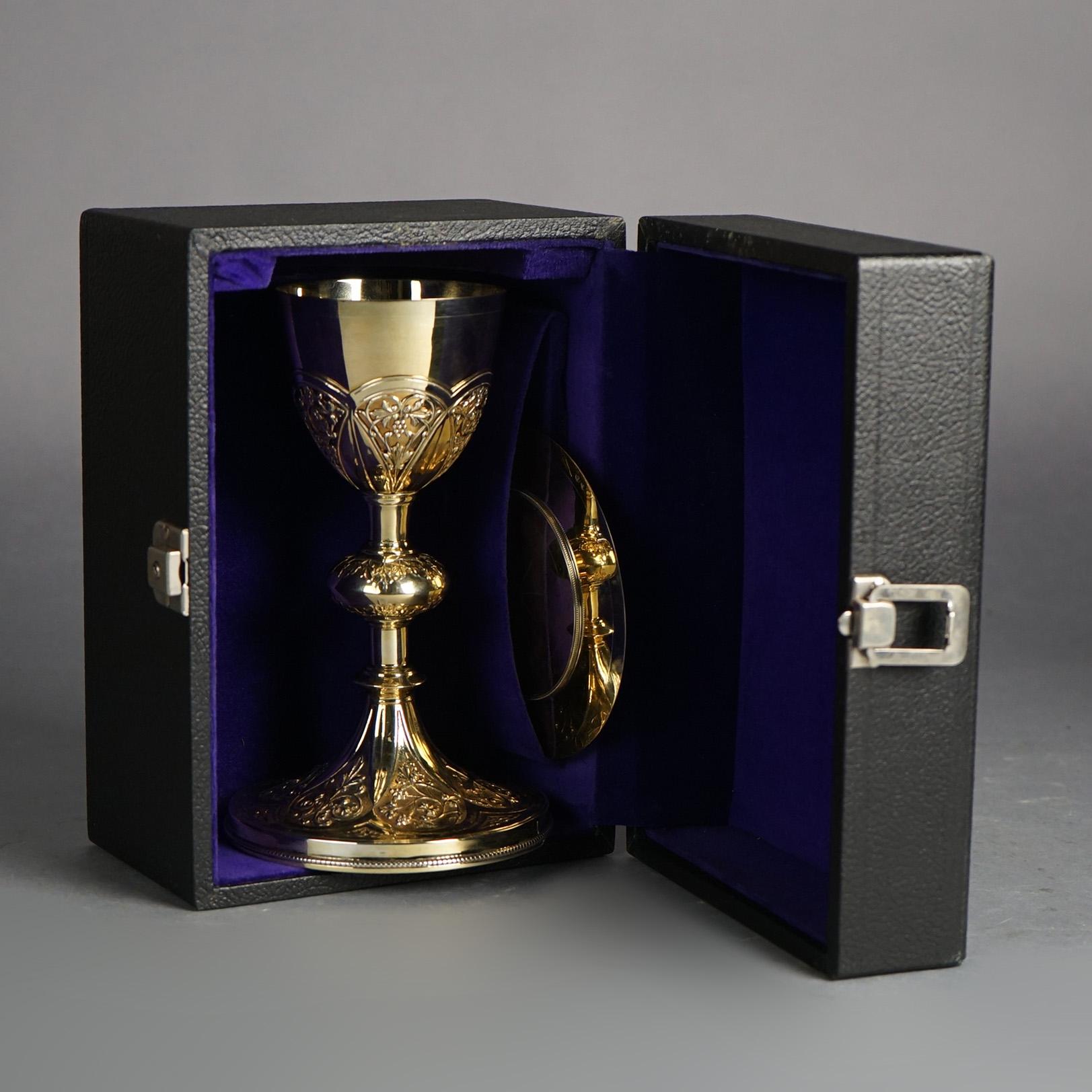 Gold Wash Floral Engraved Silver Religious Offering Chalice with Hallmark & Case For Sale 3
