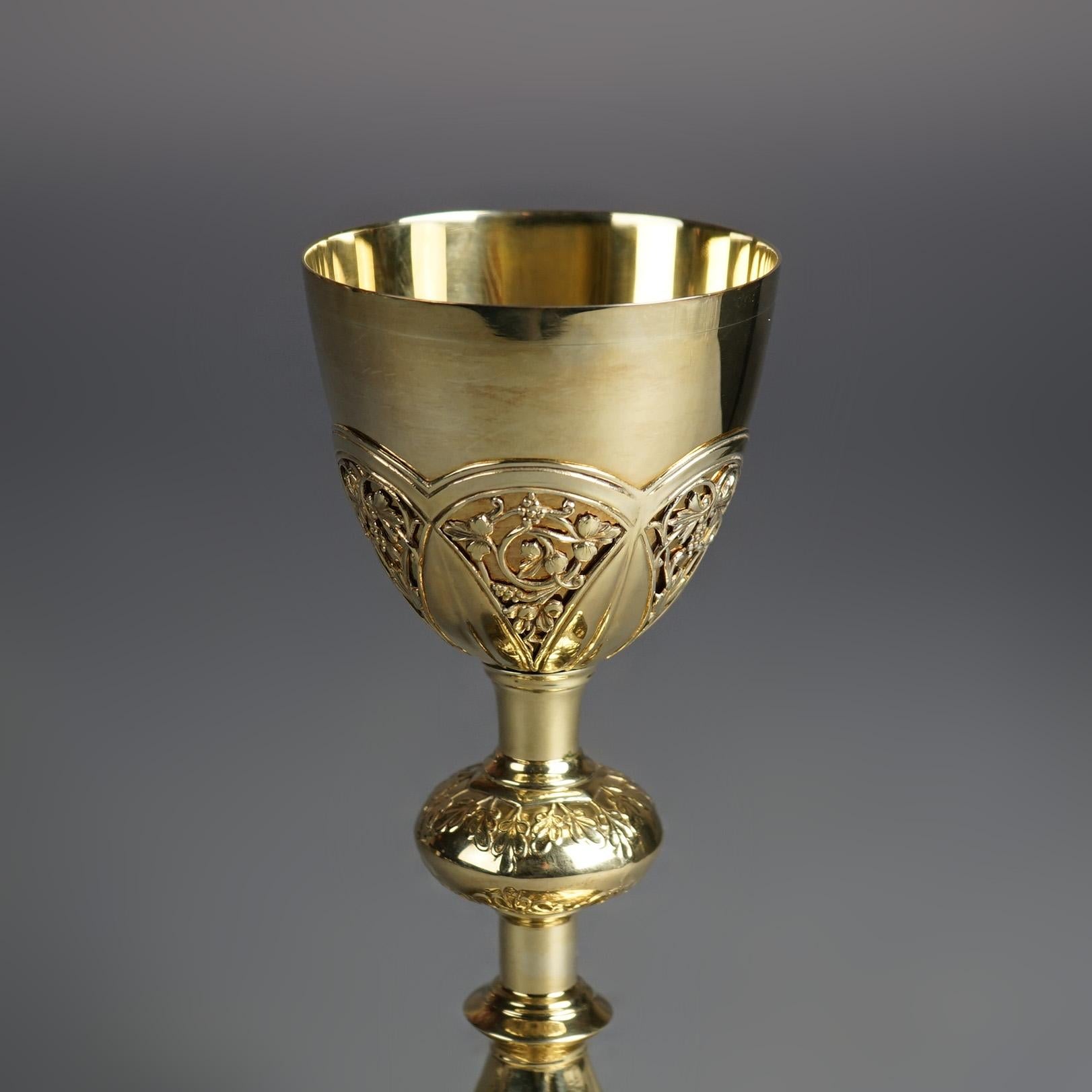 Gold Wash Floral Engraved Silver Religious Offering Chalice with Hallmark & Case For Sale 4