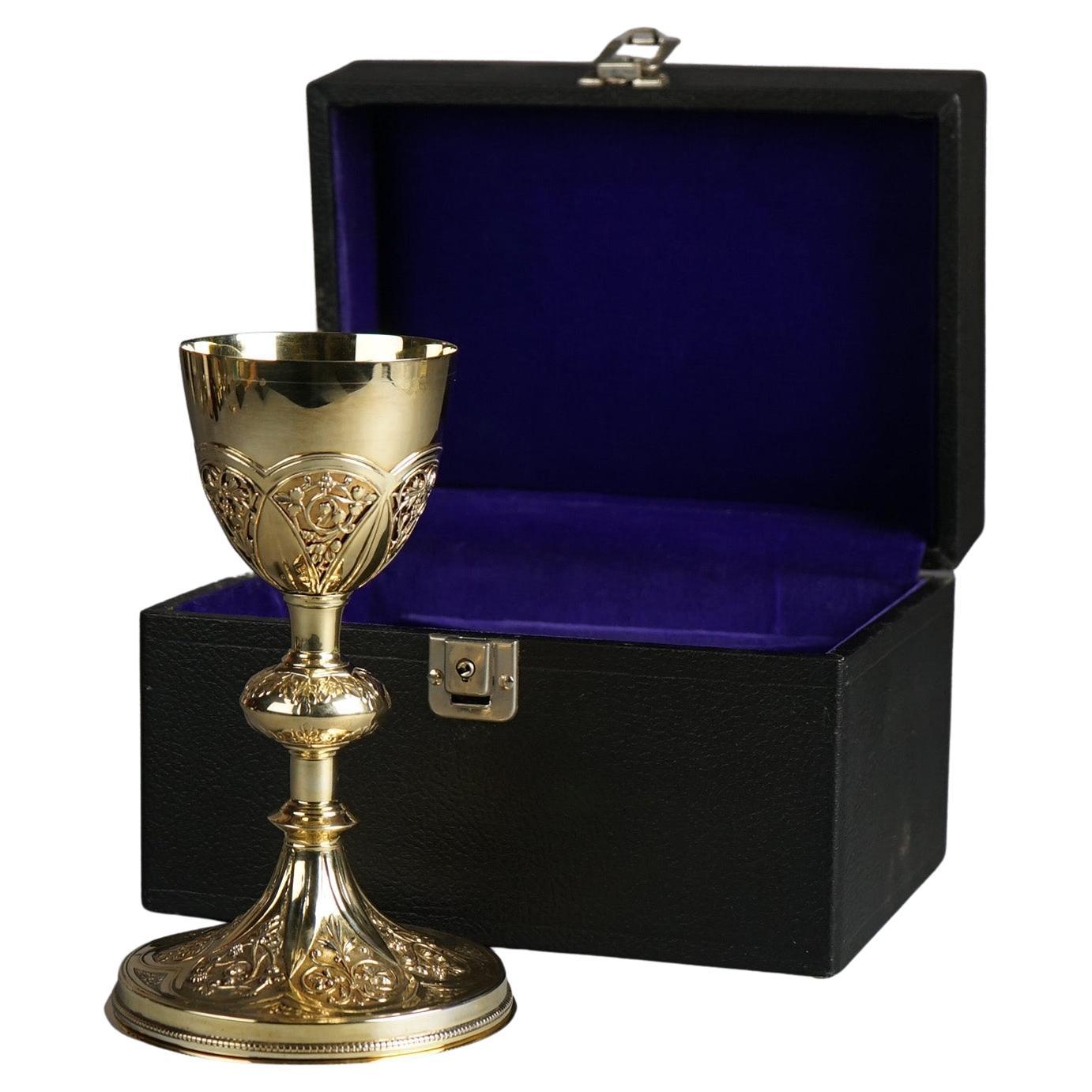 Gold Wash Floral Engraved Silver Religious Offering Chalice with Hallmark & Case