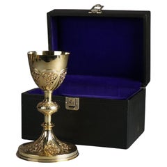 Vintage Gold Wash Floral Engraved Silver Religious Offering Chalice with Hallmark & Case