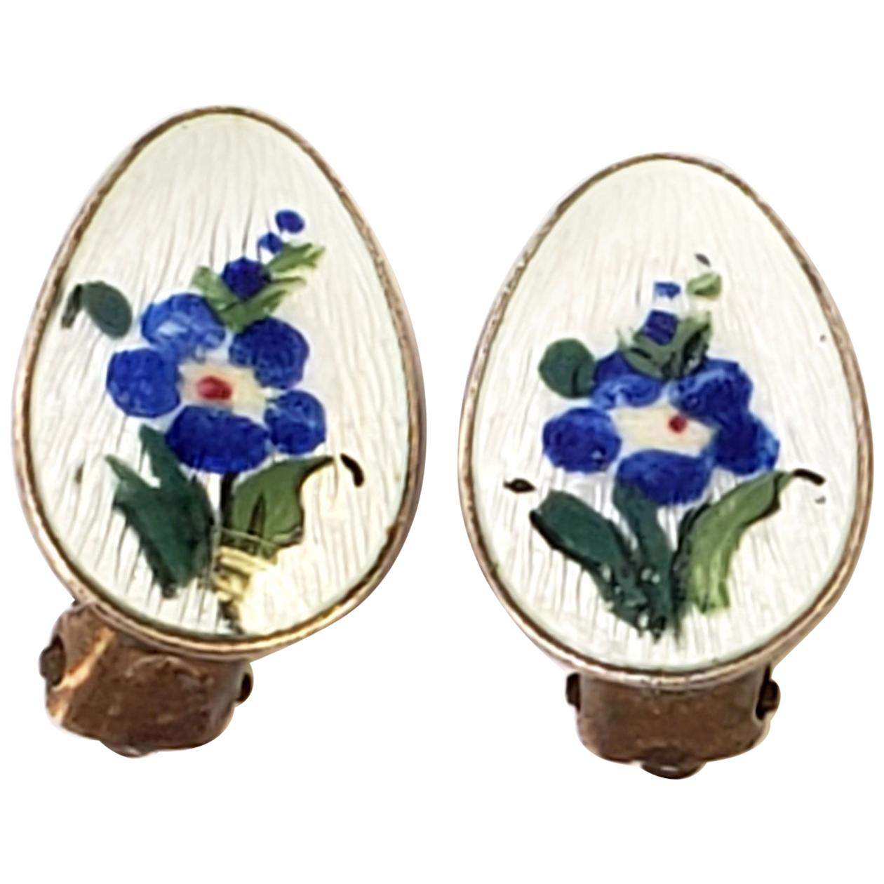Gold Wash Over Sterling Silver Blue Flower Clip-On Earrings