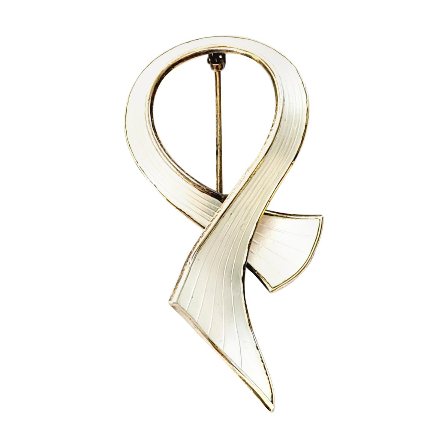 Gold Wash Over Sterling Silver White Enamel Ribbon Pin / Brooch