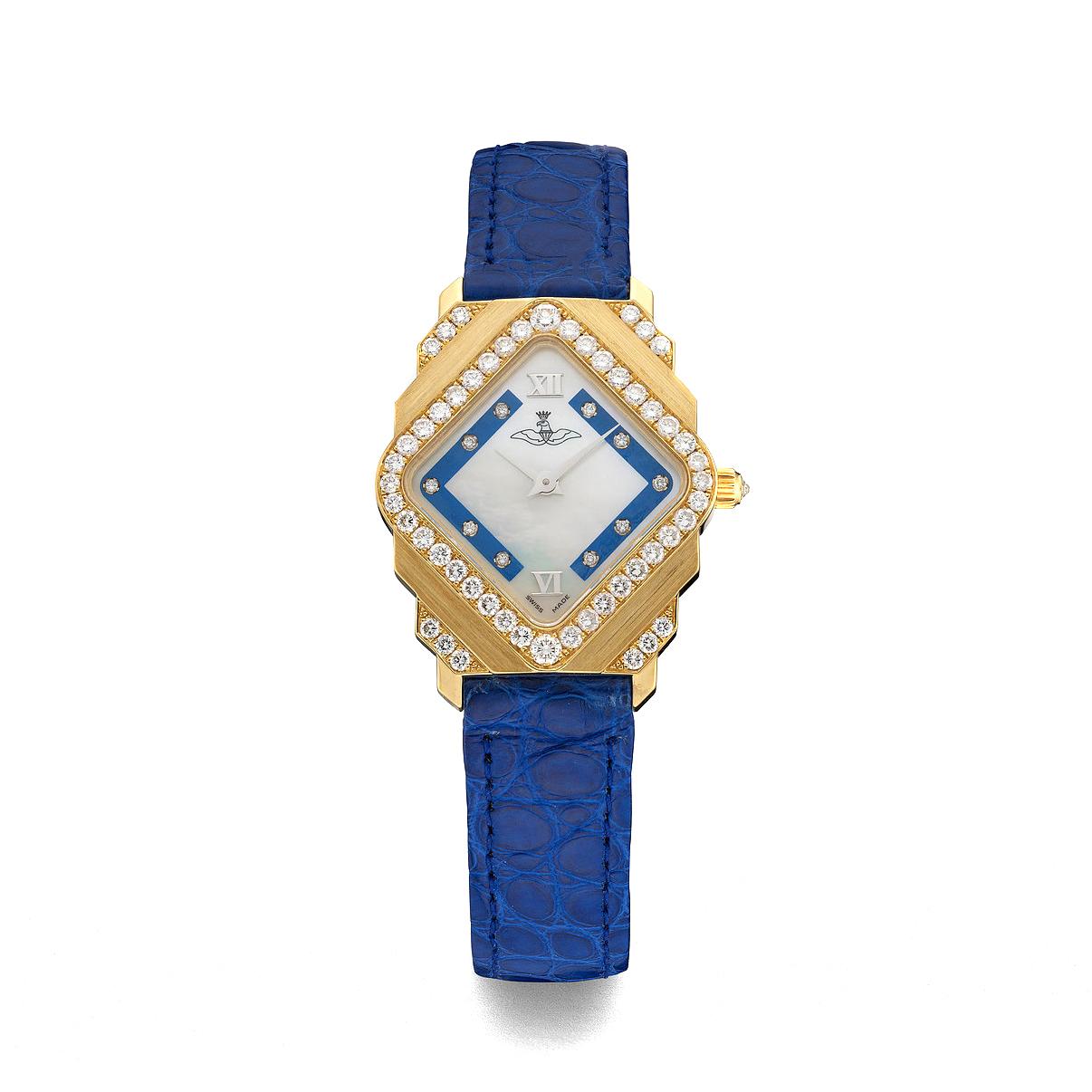 Watch in 18kt yellow gold white mother of pearl blue zone setwith 10 diamonds 0.05 cts bezel and attache set with 52 diamonds1.43 cts prong buckle alligator strap quartz movement.