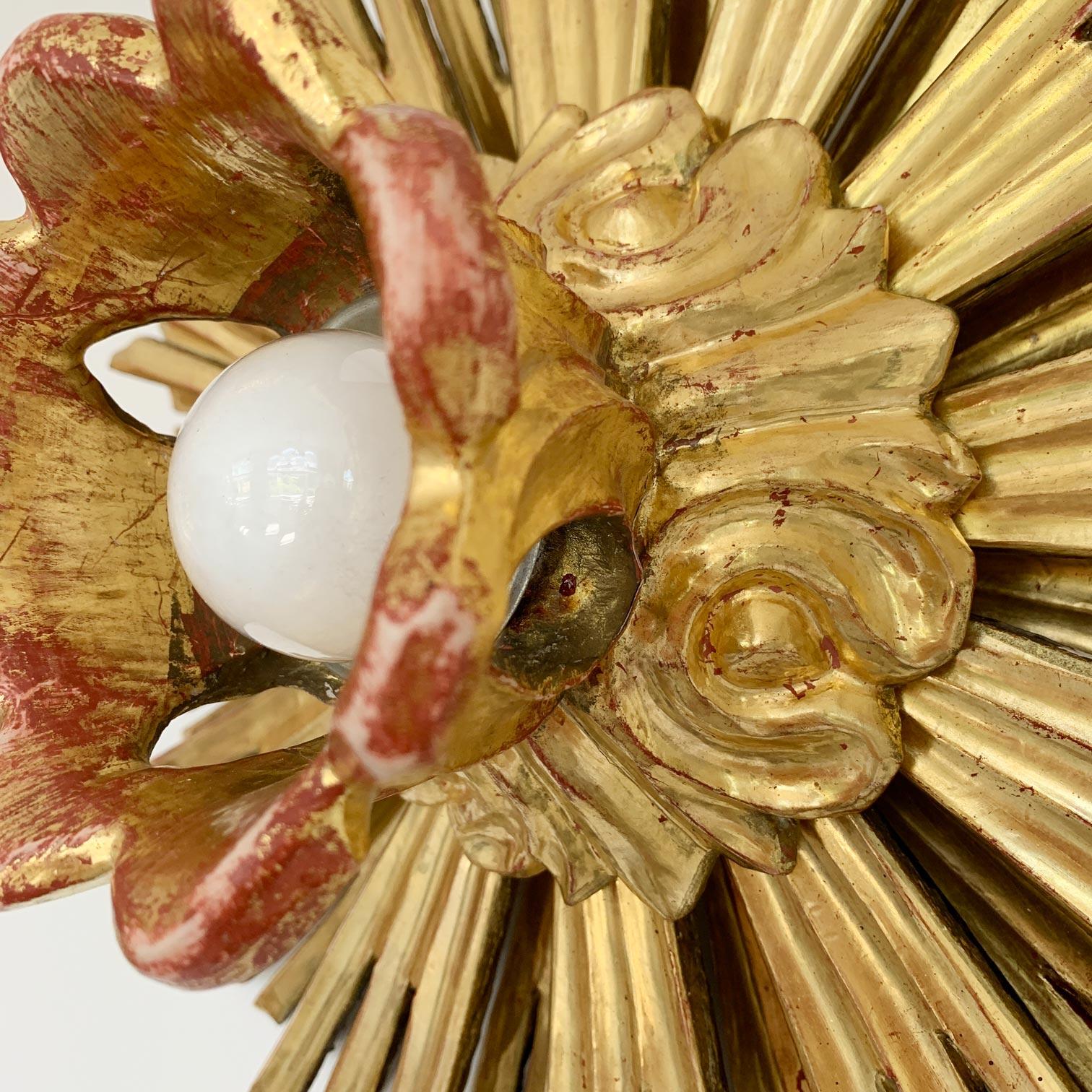 German Gold Water Gilded Carved Wooden Chapel Sunburst Flush Light For Sale