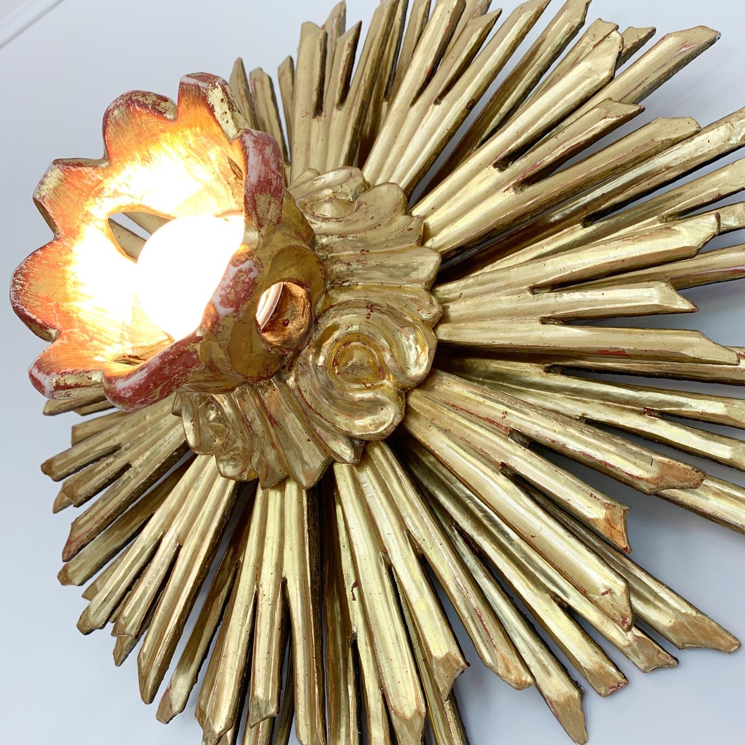 Gold Water Gilded Carved Wooden Chapel Sunburst Flush Light For Sale 2