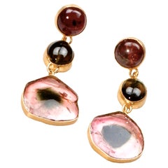 Gold Watermelon Tourmaline Drop Earrings in Yellow Gold