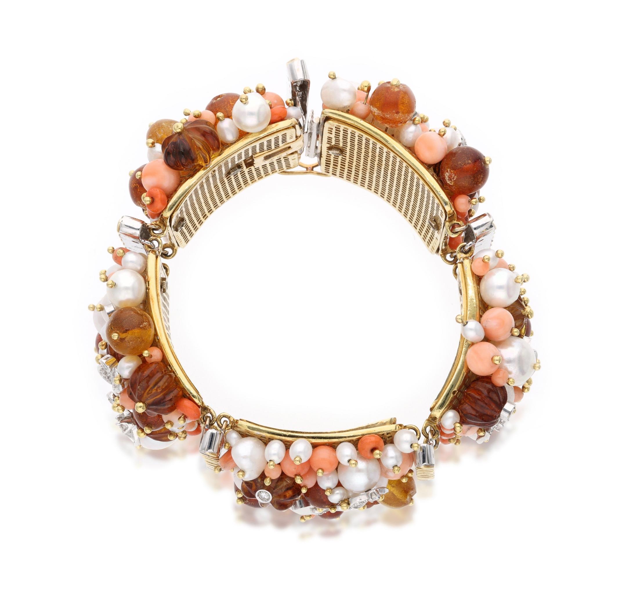 Round Cut Gold, White Gold, Cultured Pearl, Coral, Amber, and Diamond Bracelet For Sale