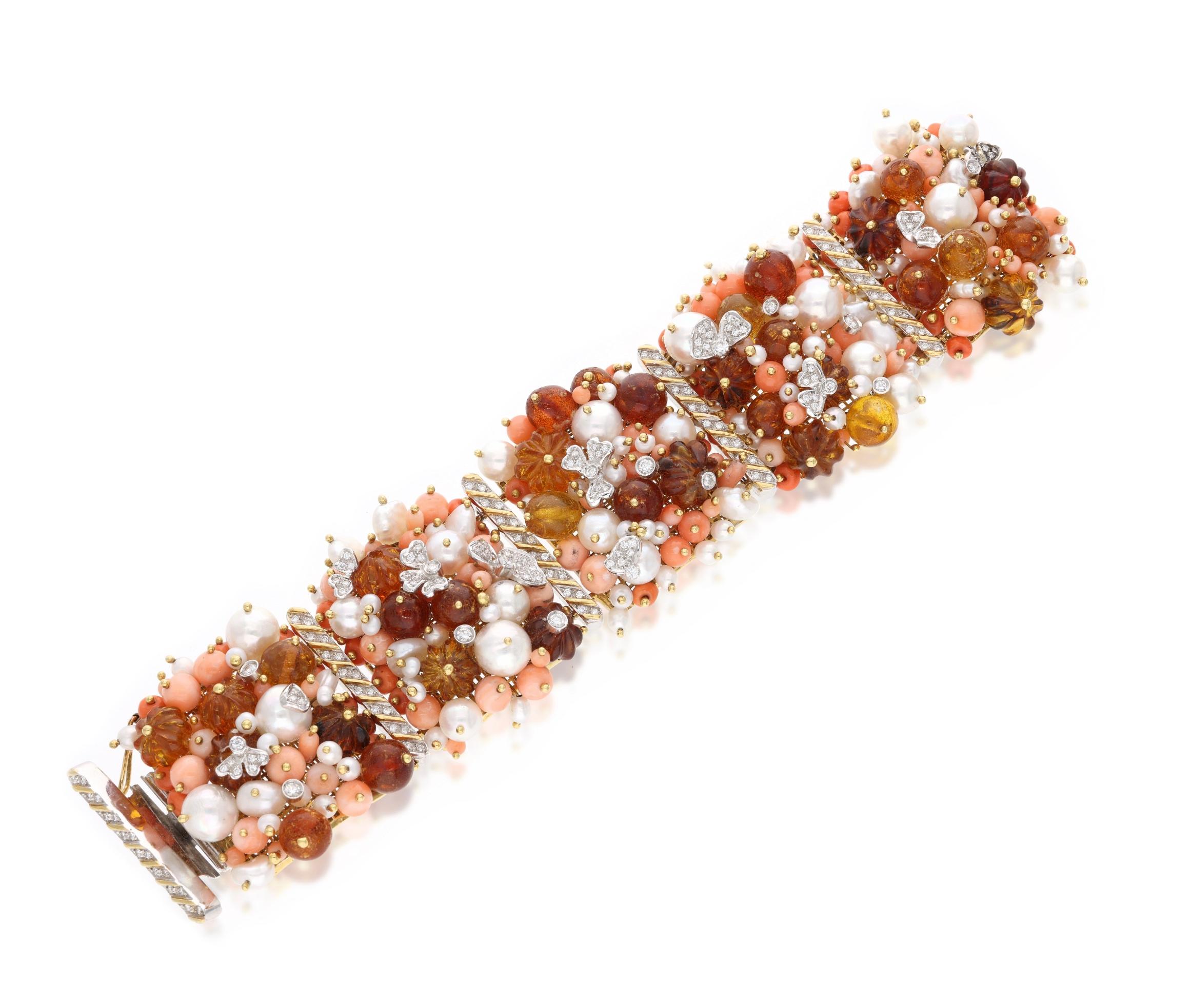 Gold, White Gold, Cultured Pearl, Coral, Amber, and Diamond Bracelet In Good Condition For Sale In New York, NY