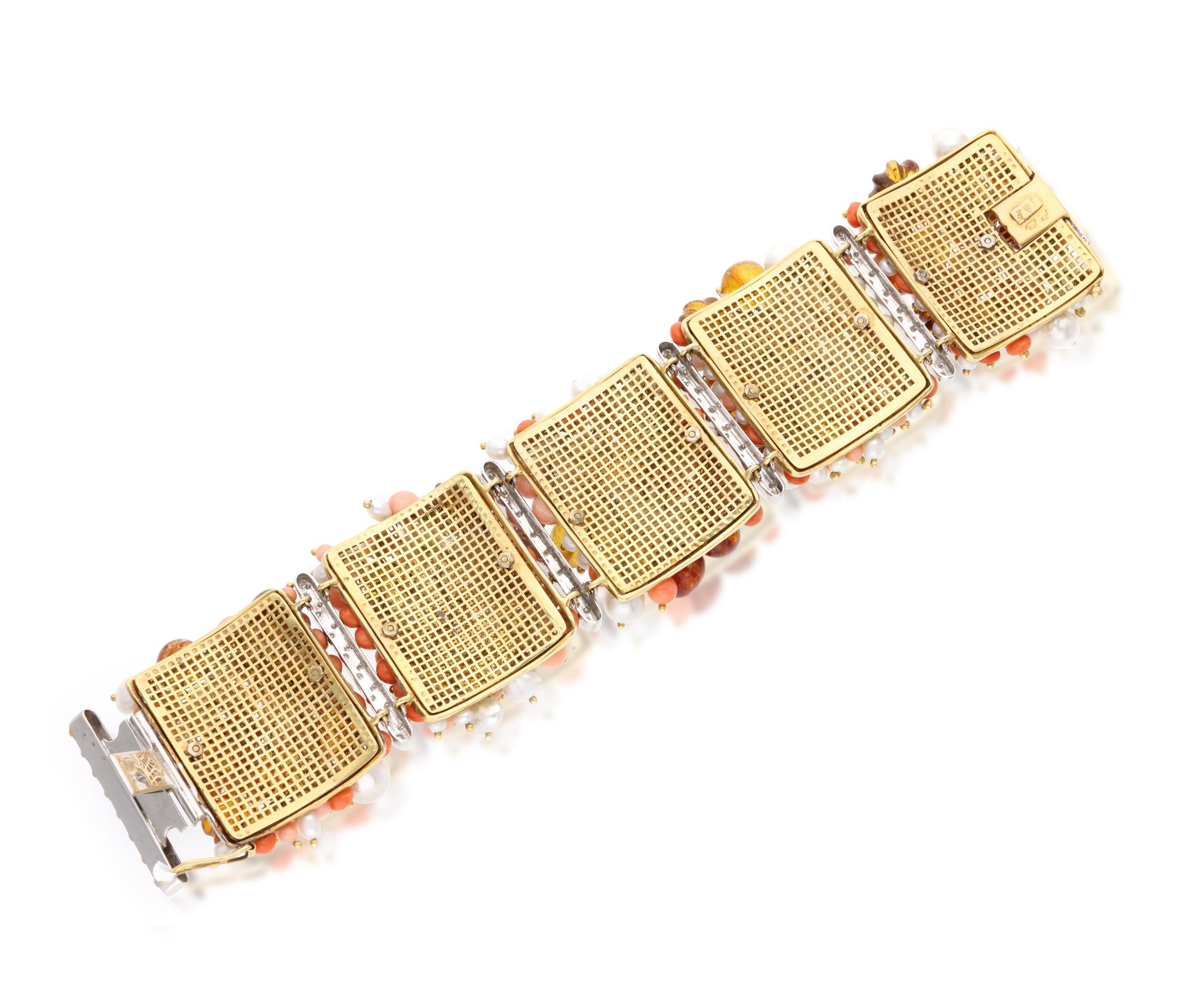 Women's Gold, White Gold, Cultured Pearl, Coral, Amber, and Diamond Bracelet For Sale