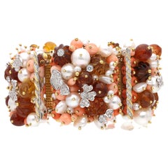 Gold, White Gold, Cultured Pearl, Coral, Amber, and Diamond Bracelet