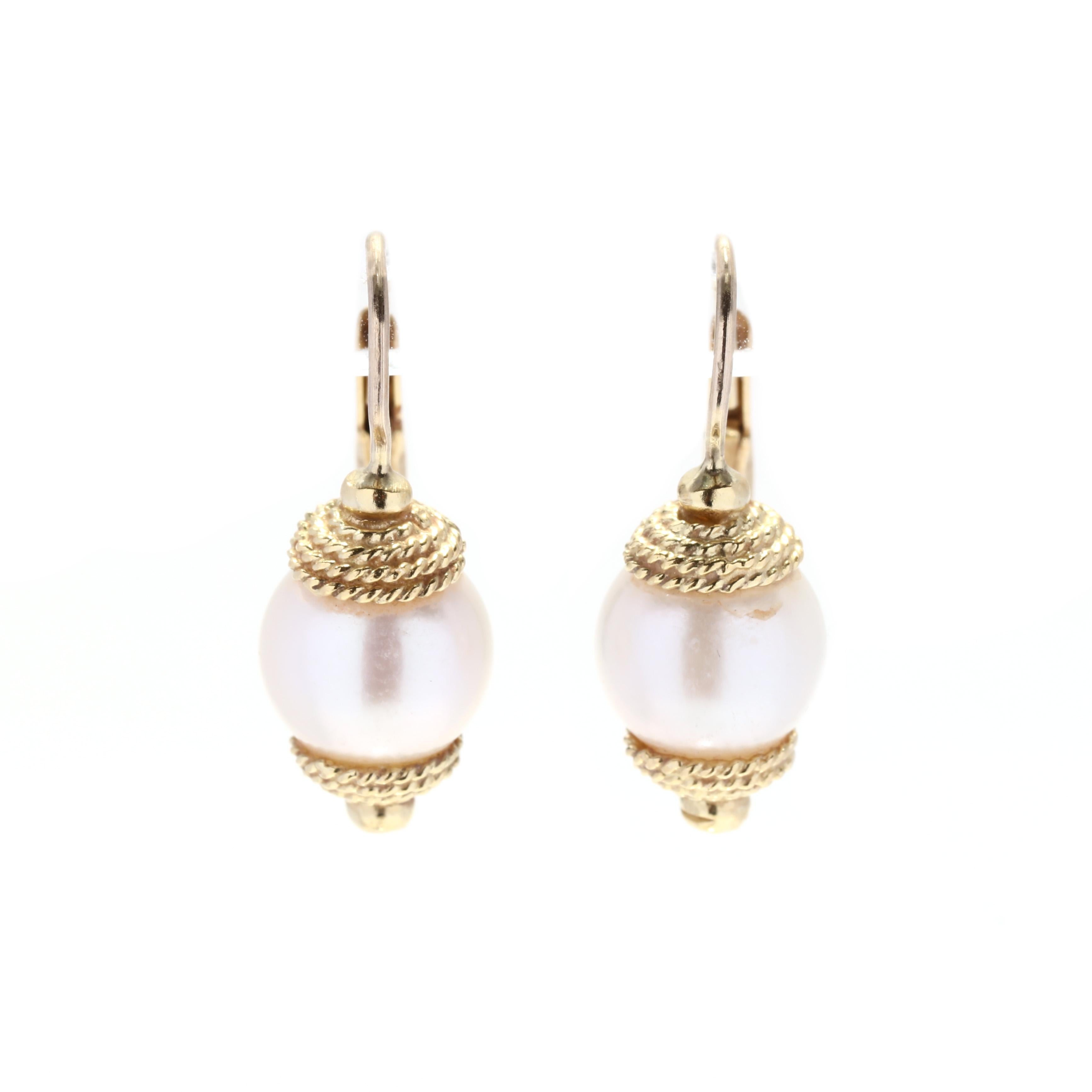 Bead Gold White Pearl Drop Earrings, 18K Yellow Gold, Classic Pearl Earrings For Sale