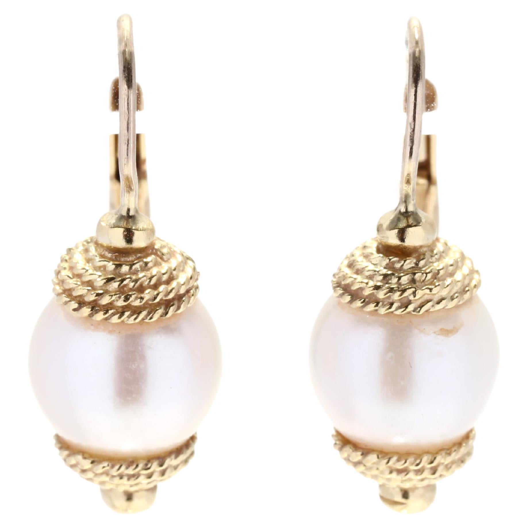 Gold White Pearl Drop Earrings, 18K Yellow Gold, Classic Pearl Earrings For Sale