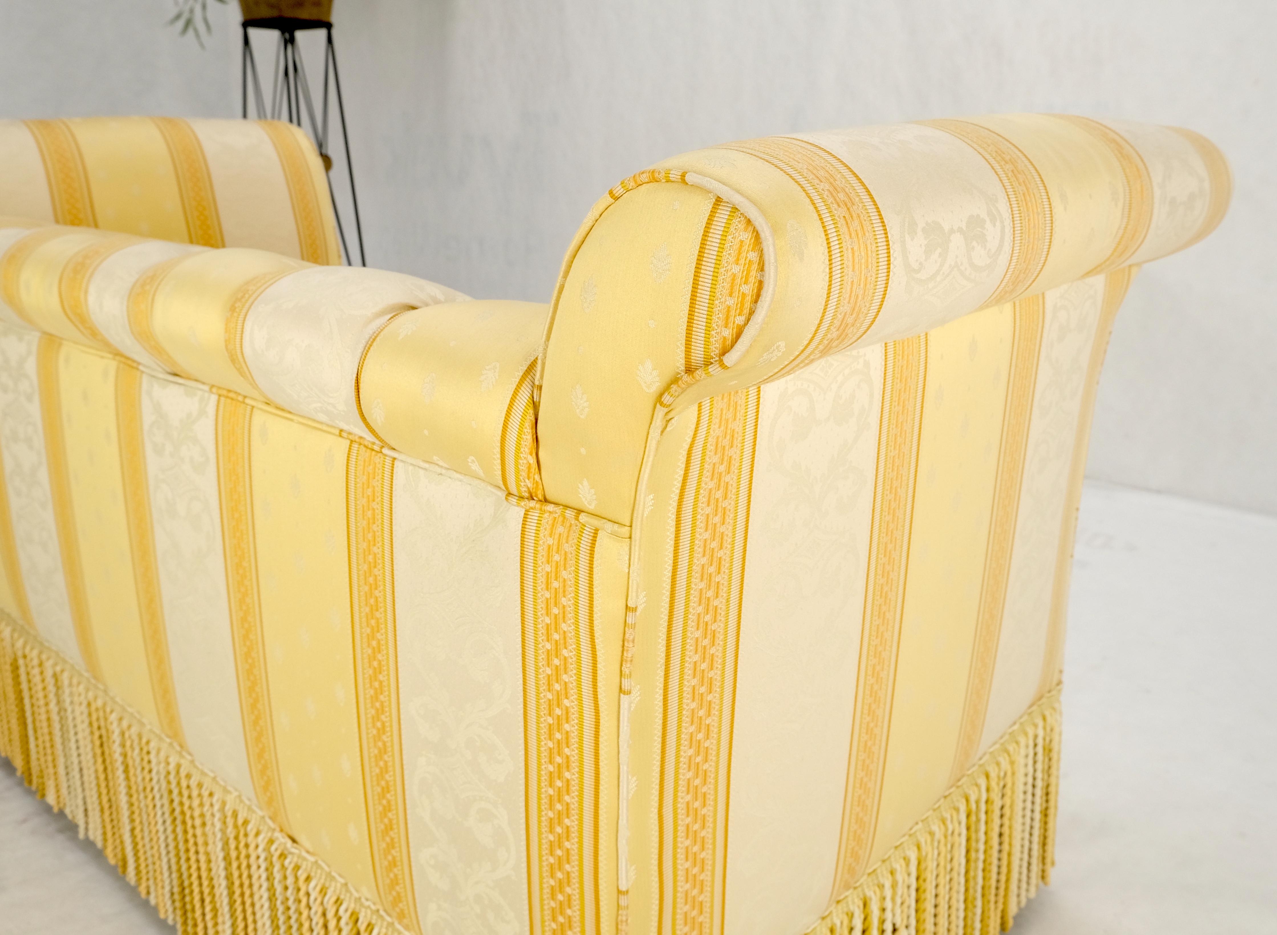 Gold & White Stripe Silk Upholstery Tufted Sofa Loveseat Tassels Decorated MINT! For Sale 2