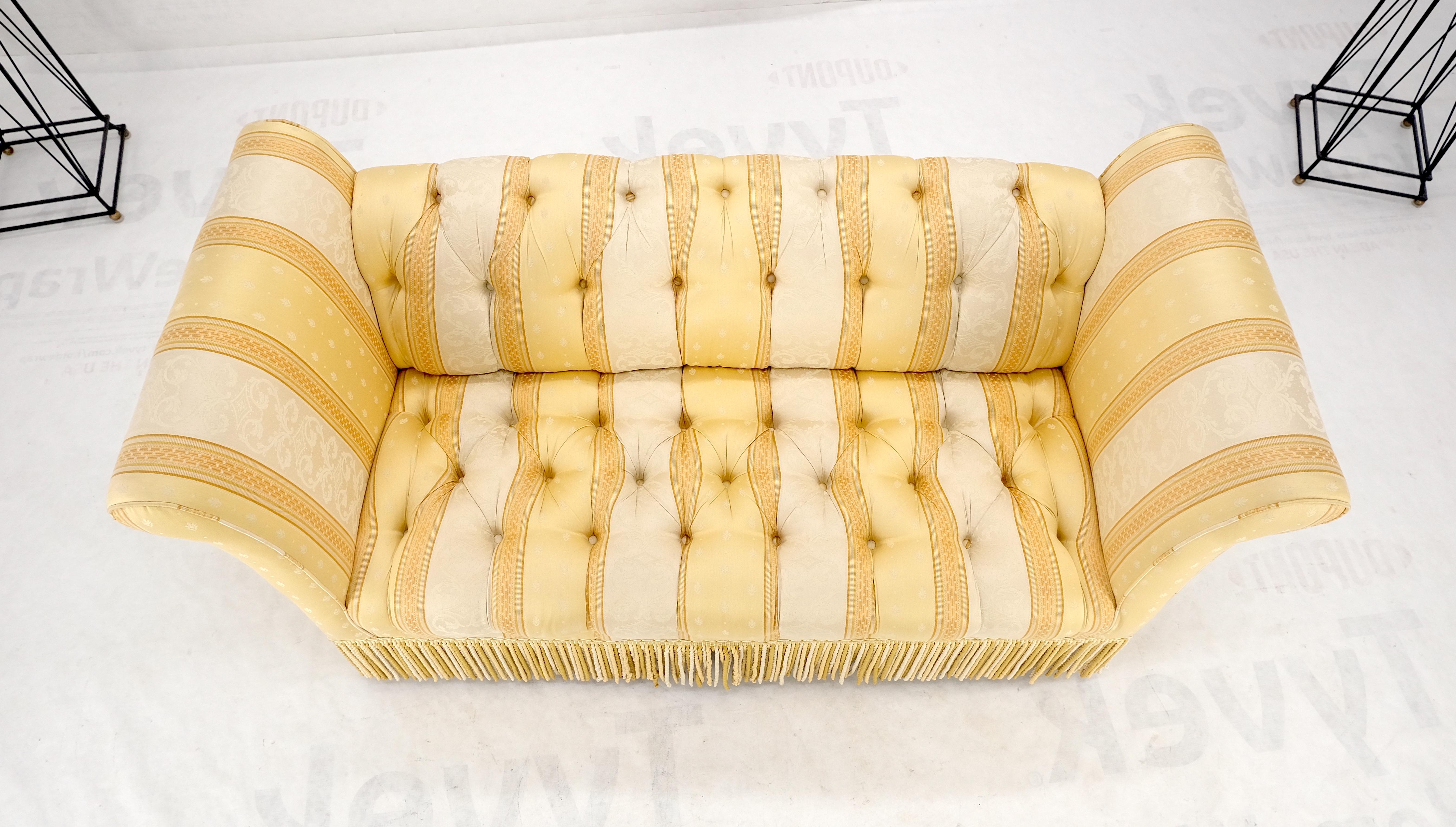 Gold & White Stripe Silk Upholstery Tufted Sofa Loveseat Tassels Decorated MINT! For Sale 3
