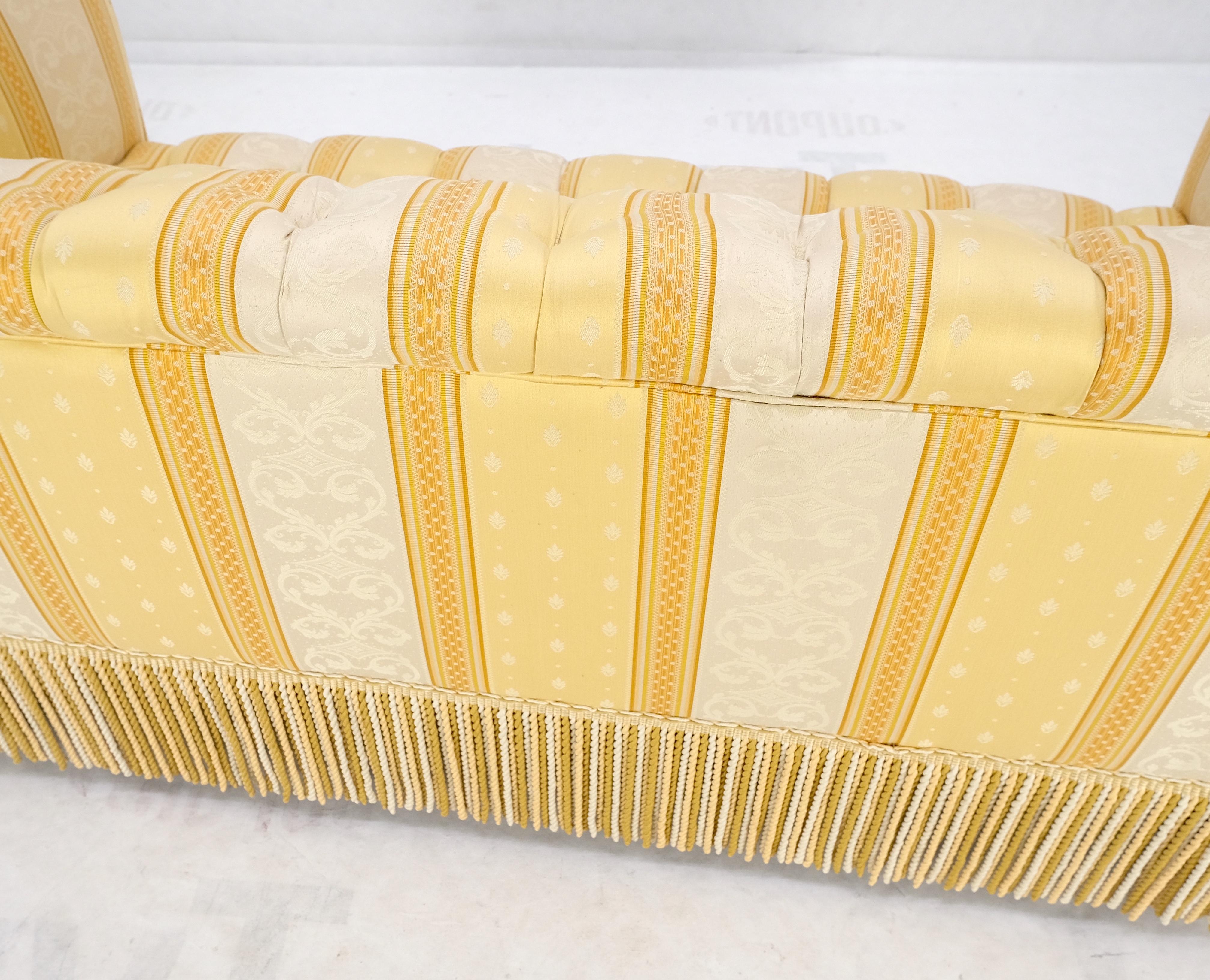 Gold & White Stripe Silk Upholstery Tufted Sofa Loveseat Tassels Decorated MINT! For Sale 4