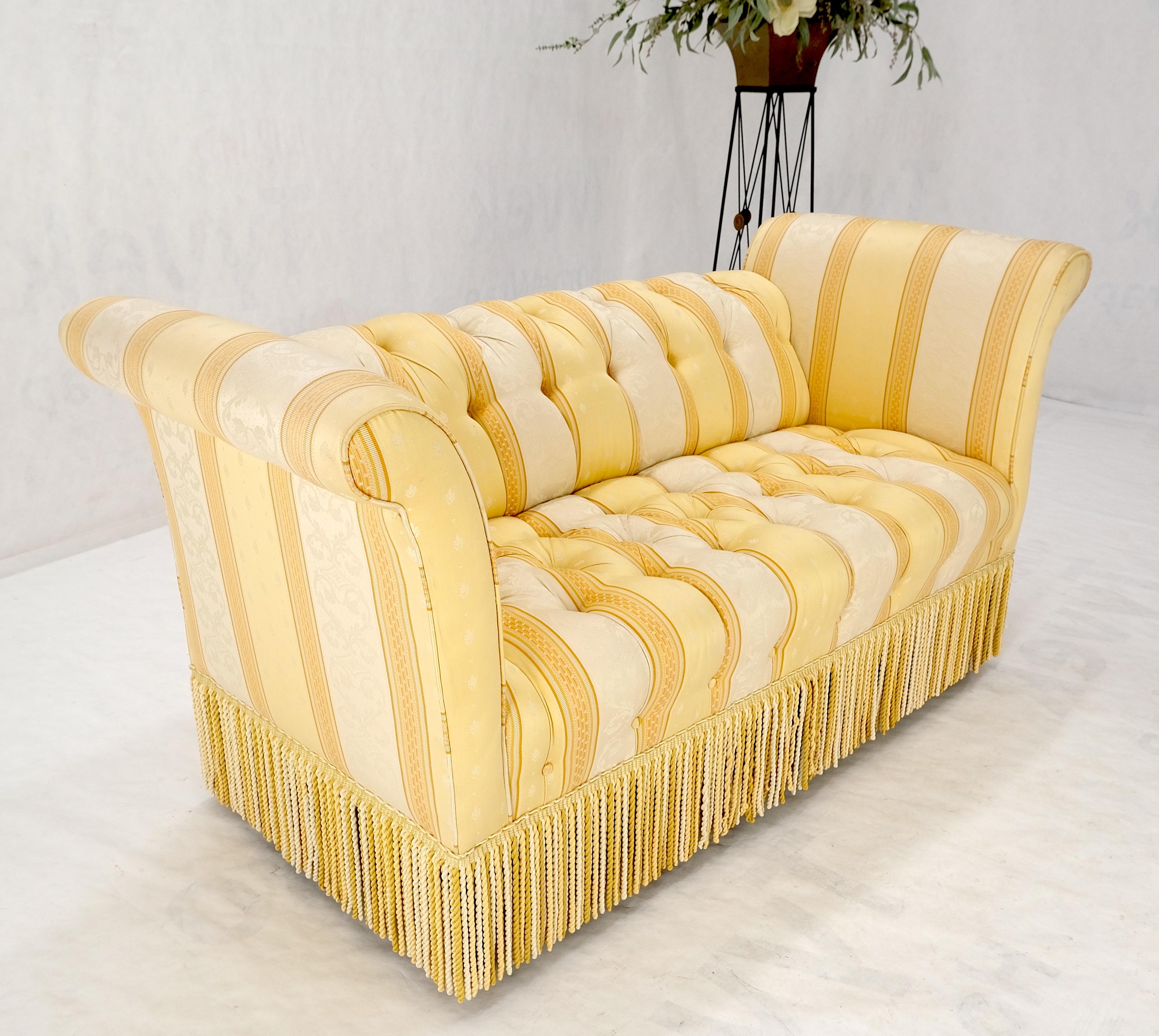 Gold & White Stripe Silk Upholstery Tufted Sofa Loveseat Tassels Decorated MINT! For Sale 5