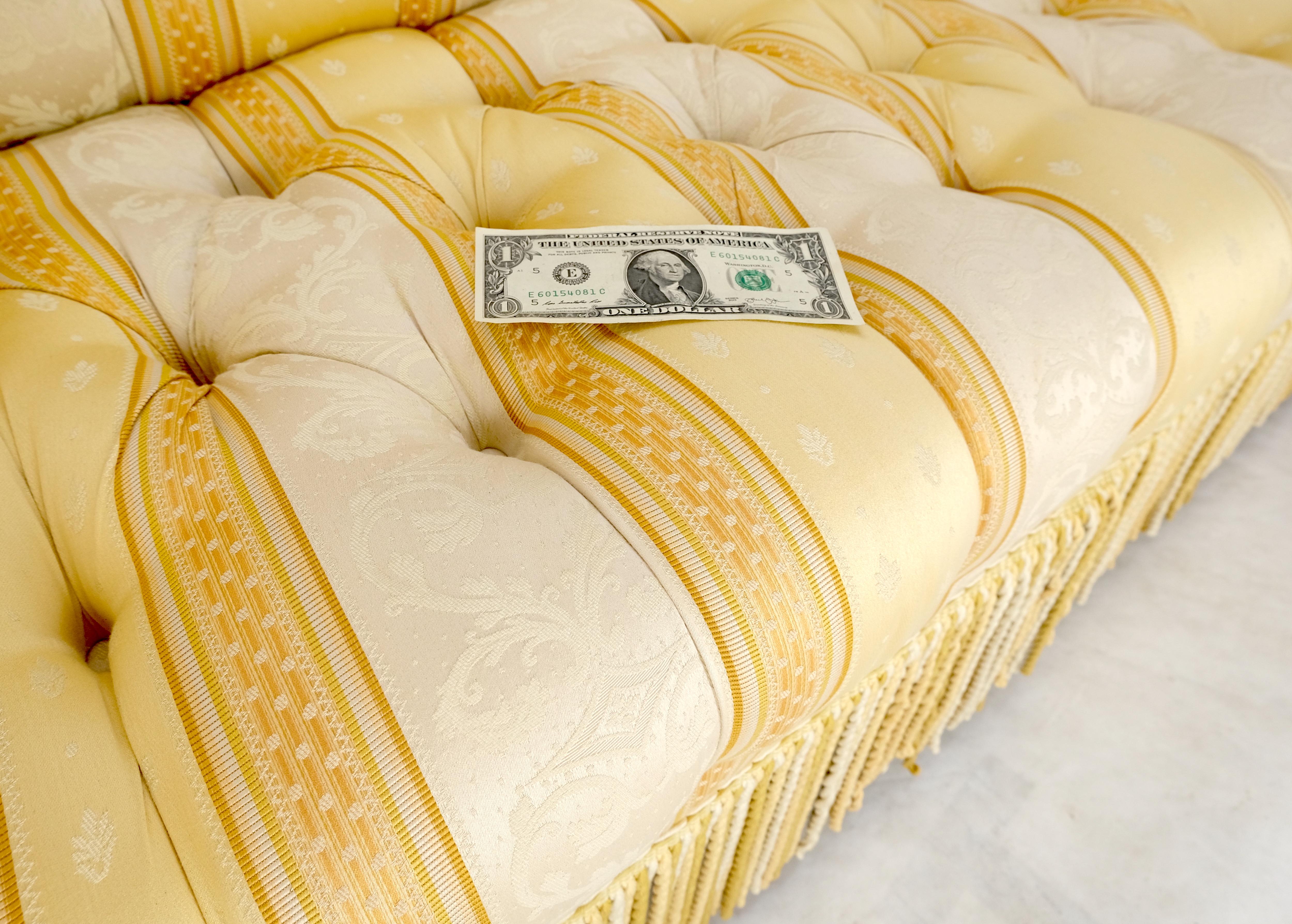 Gold & White Stripe Silk Upholstery Tufted Sofa Loveseat Tassels Decorated MINT! For Sale 9