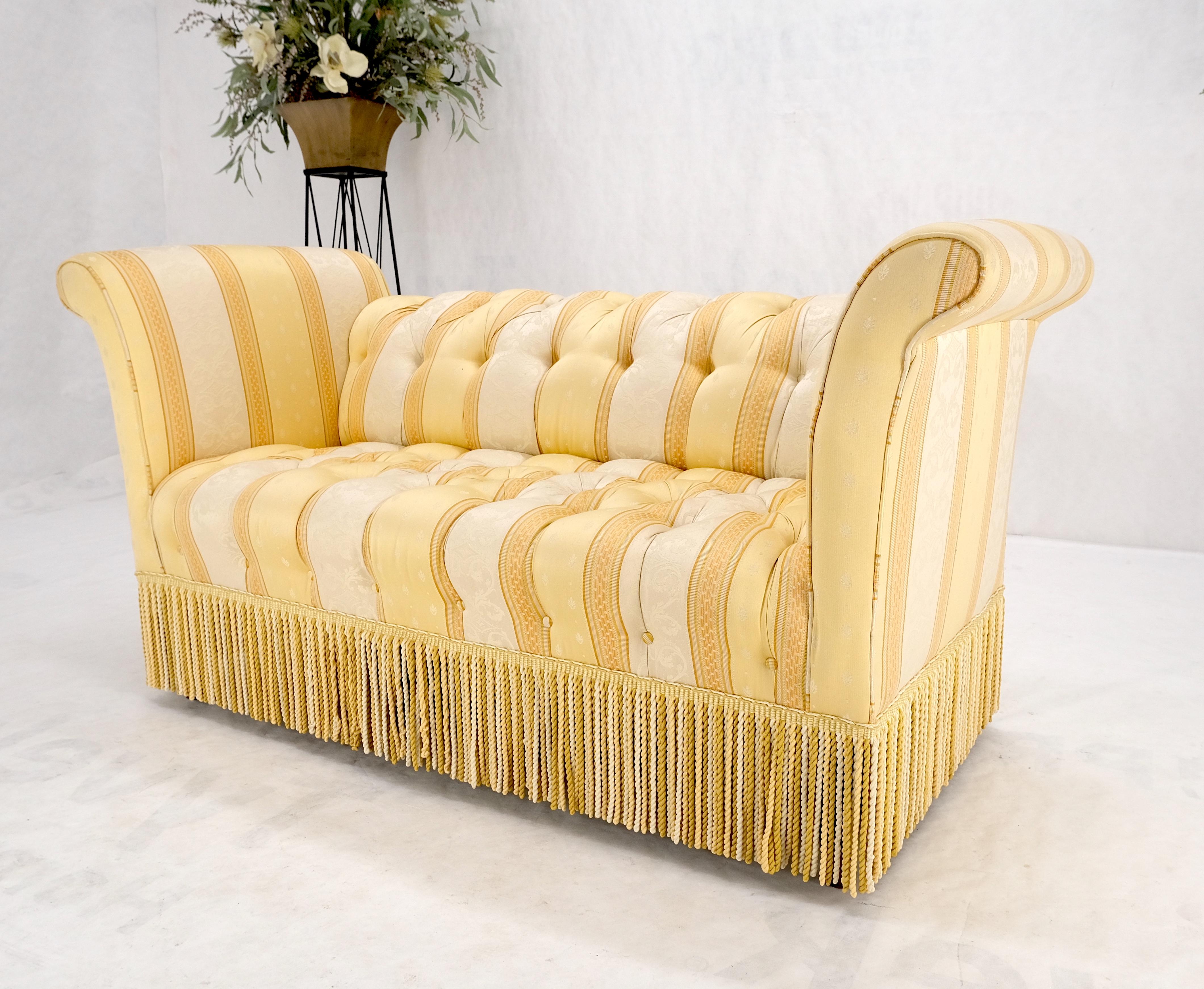Gold & White Stripe Silk Upholstery Tufted Sofa Loveseat Tassels Decorated MINT! In Excellent Condition For Sale In Rockaway, NJ