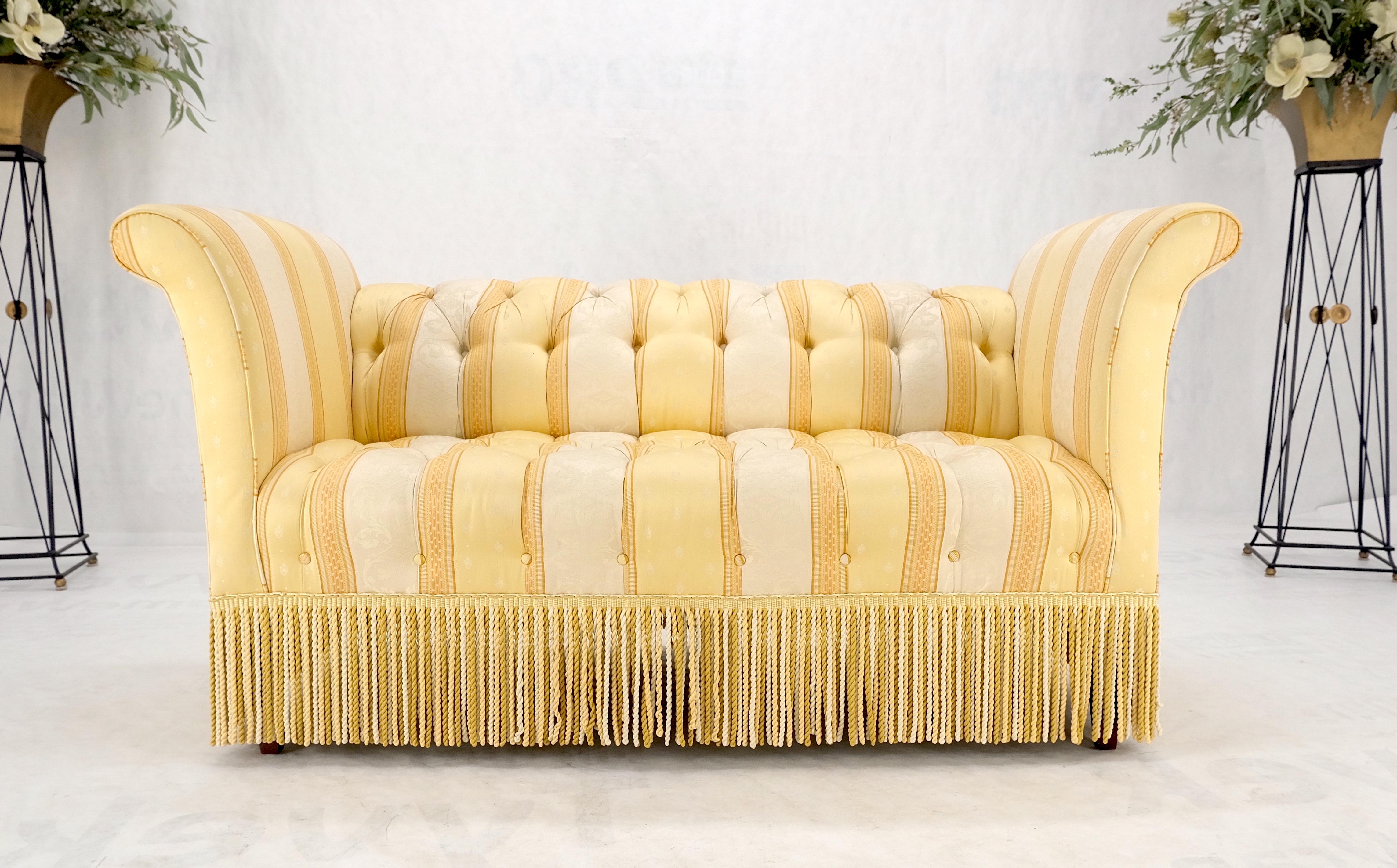 Gold & White Stripe Silk Upholstery Tufted Sofa Loveseat Tassels Decorated MINT! For Sale 1
