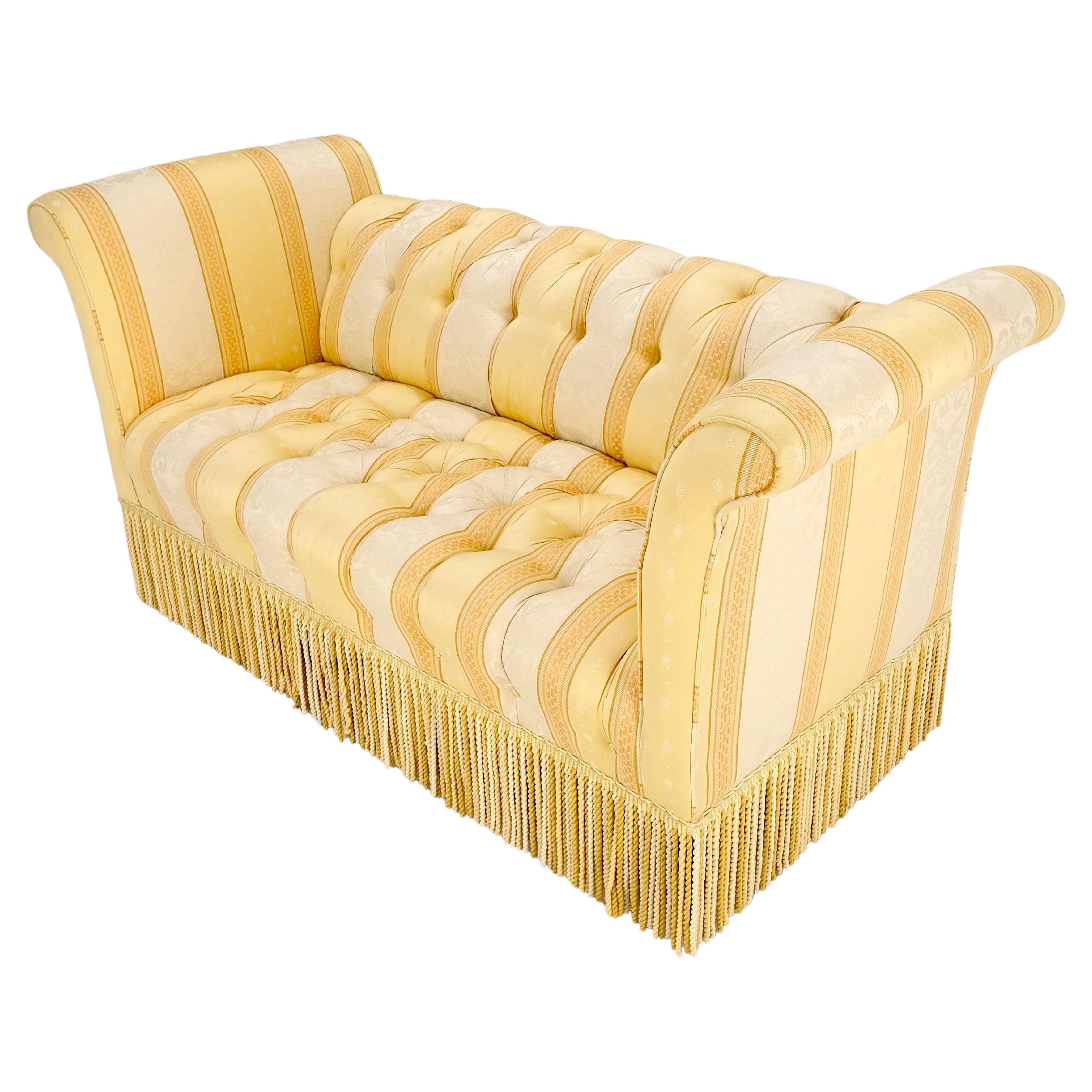 Gold & White Stripe Silk Upholstery Tufted Sofa Loveseat Tassels Decorated MINT! For Sale