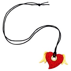 Gold Winged Red Heart Necklace With Black Silk Cord By Rena Lange, 1990s