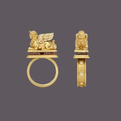 Gold Winged Sphinx Lion Talismanic Ring in 18 Karat Gold