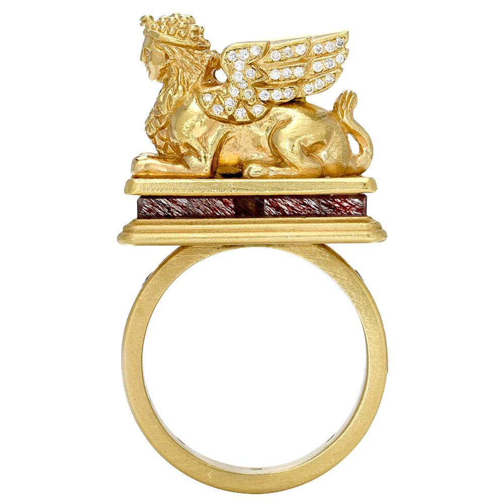 Gold Winged Sphinx Lion Talismanic Ring in 18 Karat Gold