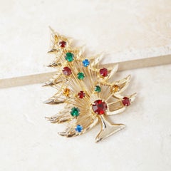 Gold Wire Work Christmas Tree Brooch with Colored Rhinestones by Brooks, 1950s